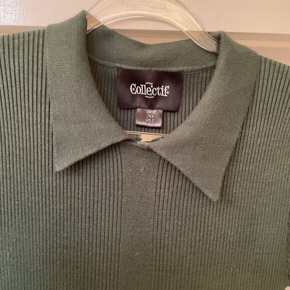 Collectif Vintage Green Ribbed Short Sleeve Knit MIDI Dress Collar, Size 2 - Picture 9 of 16
